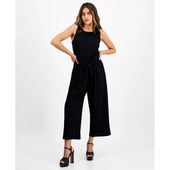 Bar III Petite Women's Sleeveless Crewneck Tie-Waist Jumpsuit Chic Deep Black PM - Picture 2 of 13